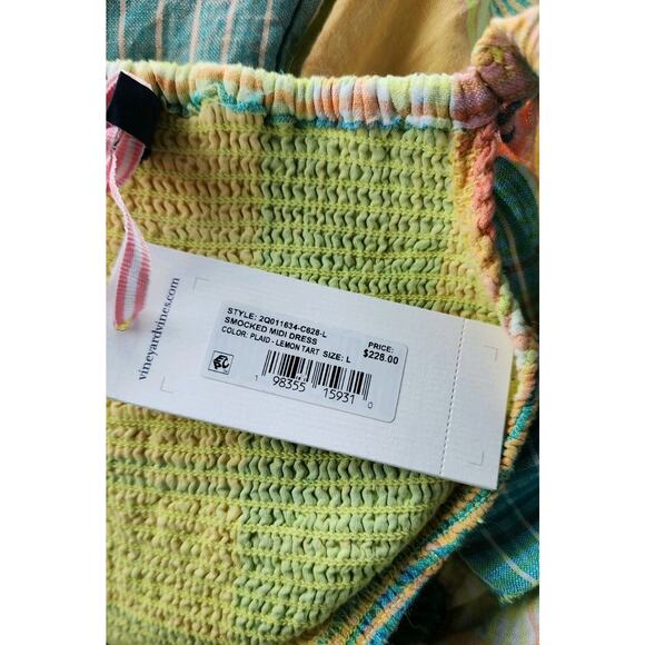 Vineyard Vines Plaid Lemon Tart Smocked Linen Ruffle Midi Dress Large NWT $228 - Picture 5 of 7